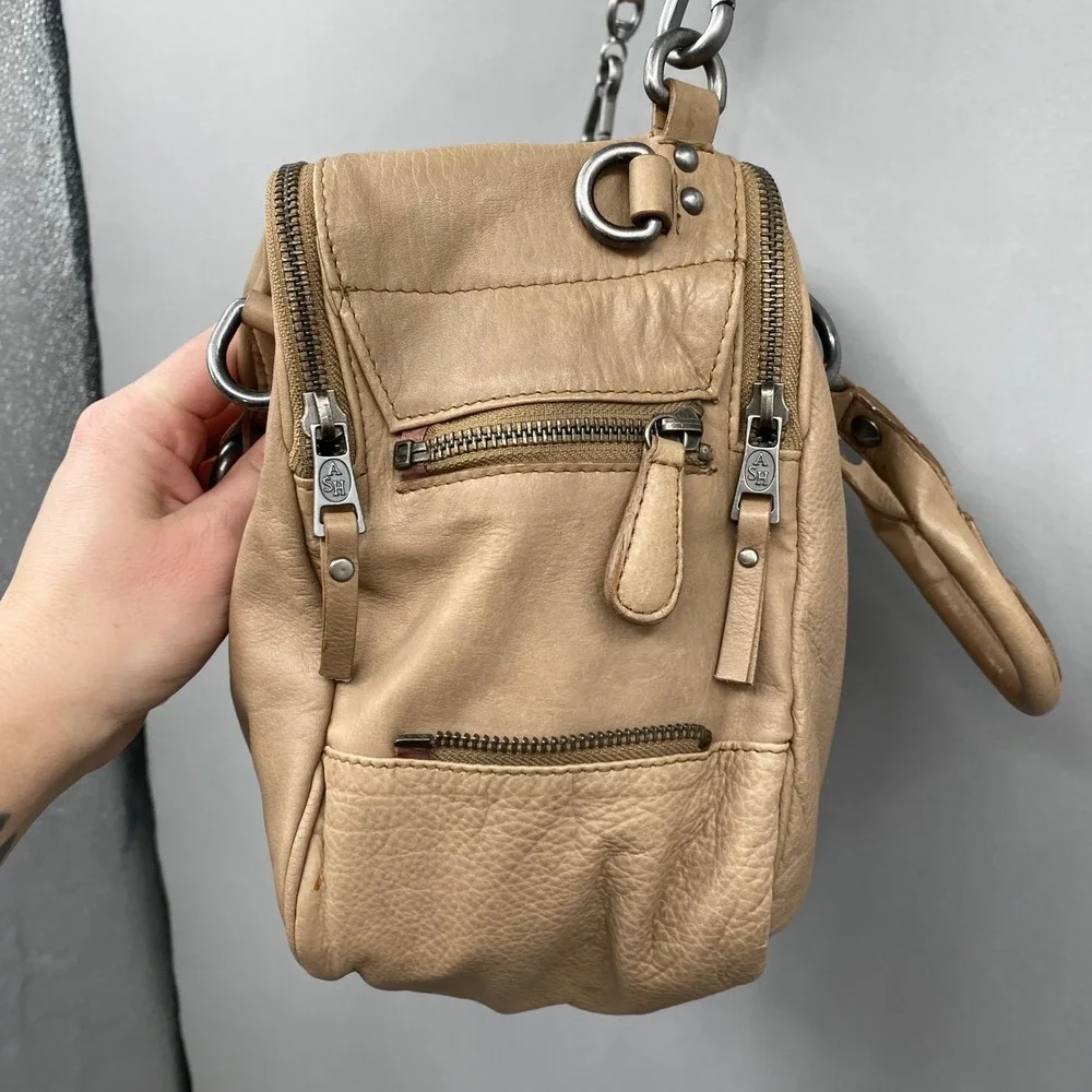 ASH Tan Leather Studded Satchel Crossbody Bag Multi Pocket Gunmetal‎ Hardware